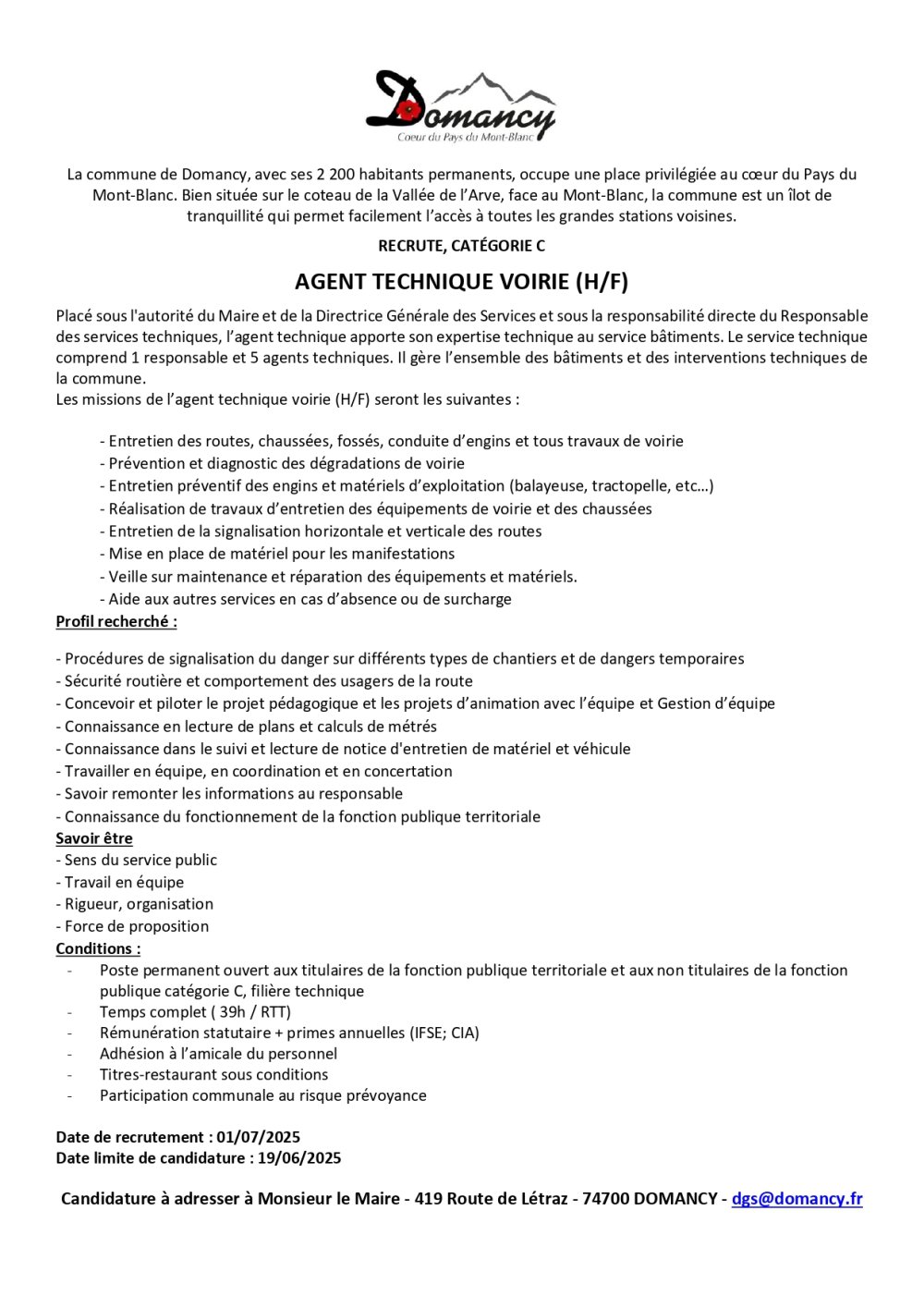 Offre Agent Technique Voirie